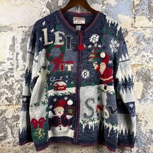 Vintage Heirloom Collectibles Ugly Christmas Sweater Zip Up Santa Snowman 1X